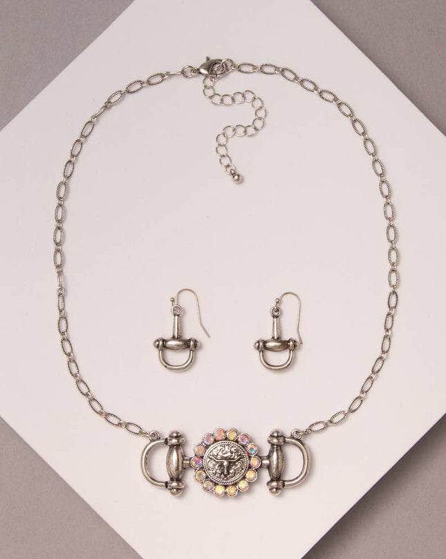 Western Horsebit Steerhead Stone Necklace and Earring Set