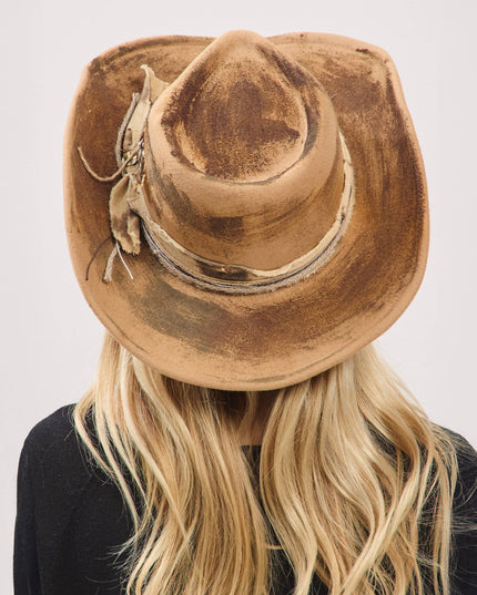 Distressed Fabric Band Feather Cowgirl Fedora Hat