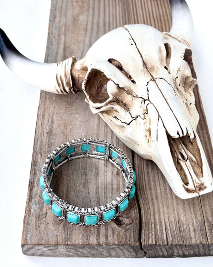 Turquoise Square Stone Studded Western Stretch Bracelet - Pink