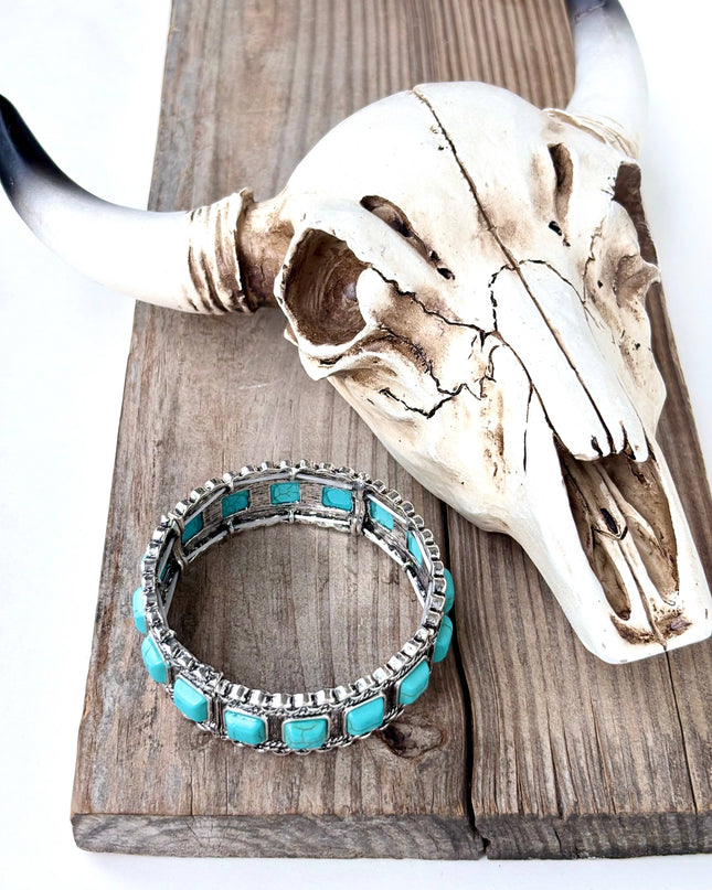 Turquoise Square Stone Studded Western Stretch Bracelet - Pink