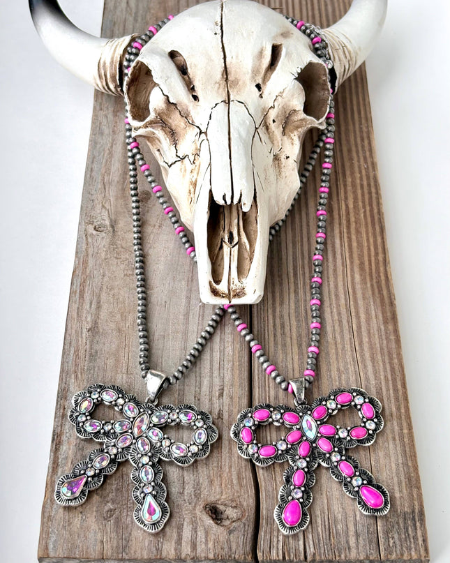 Western Style Coquette Bow Stone Pendant Necklace