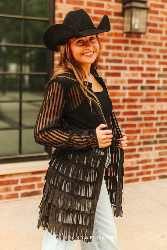Black Mesh Tiered Suede Fringe Zip Up Shirt Jacket