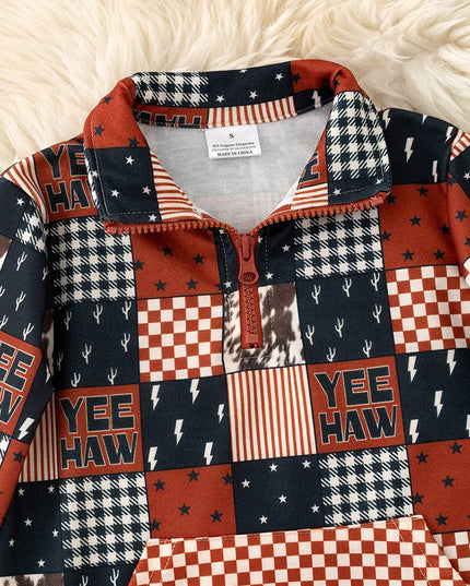 Yeehaw brown & black multi-printed patch pullover. TPB60313 JEAN