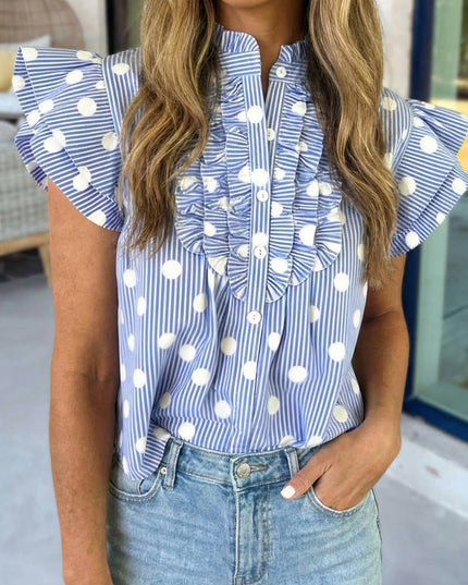 Stripe Polka Dot Ruffle Sleeve Button Up Blouse | S-XL