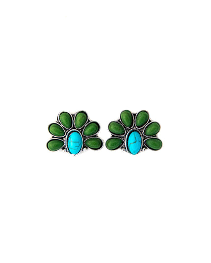 1" Turquoise and Green Half Flower Post Earring