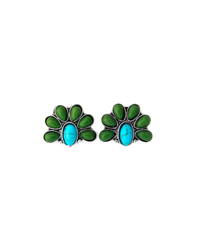 1" Turquoise and Green Half Flower Post Earring