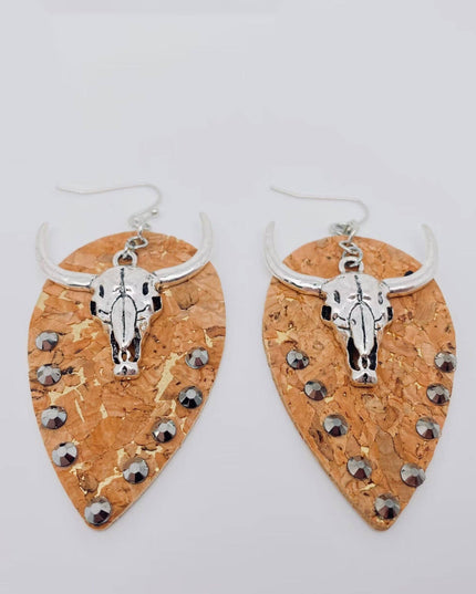Western Style Metal Bull Head Pendant Leather Earrings