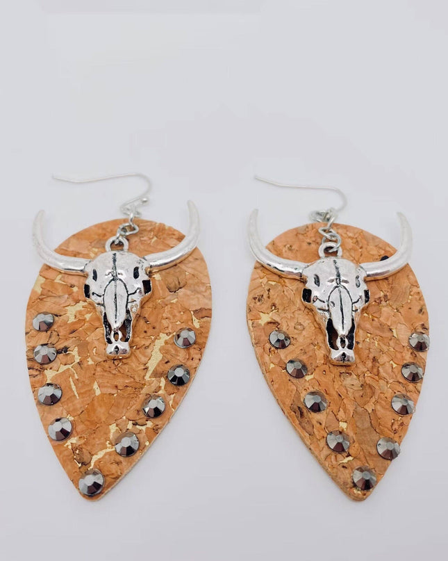 Western Style Metal Bull Head Pendant Leather Earrings