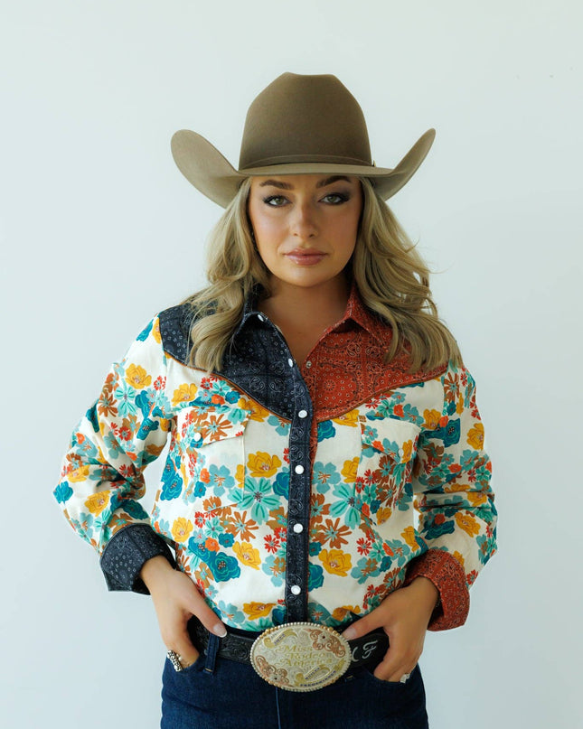 Pearl Snap, Rust Bandana Floral