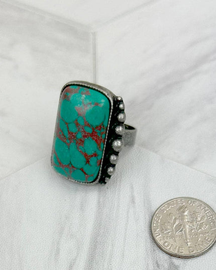 RZ231205-71                     Silver metal with blue turquoise rectangle stone adjustable Ring