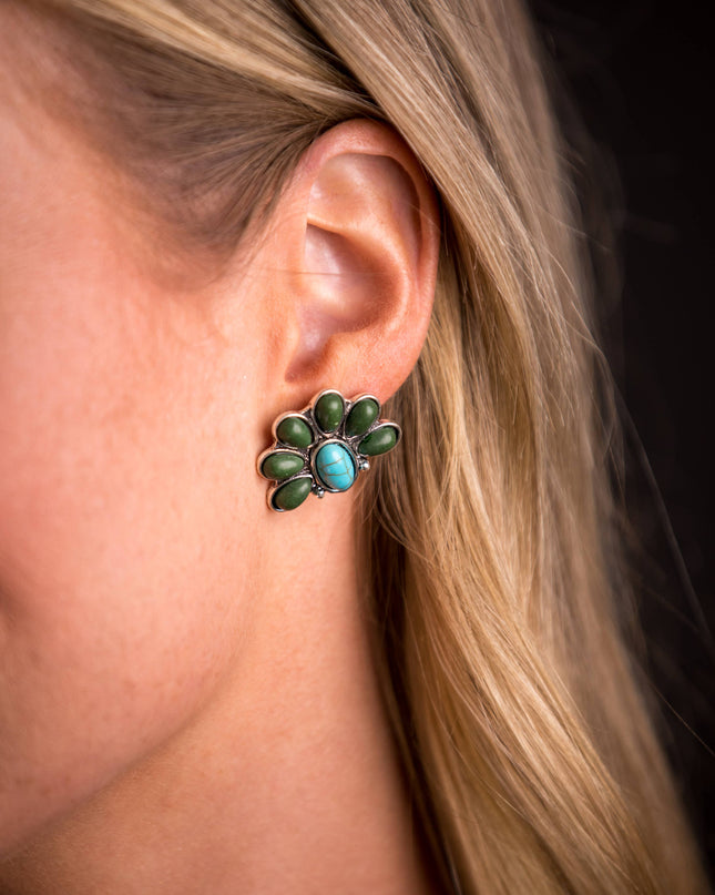 1" Turquoise and Green Half Flower Post Earring
