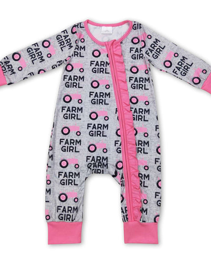Pink tractor farm girl ruffle baby zipper romper