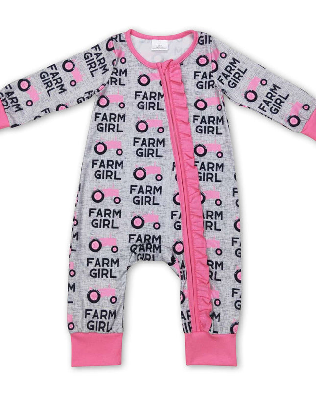 Pink tractor farm girl ruffle baby zipper romper