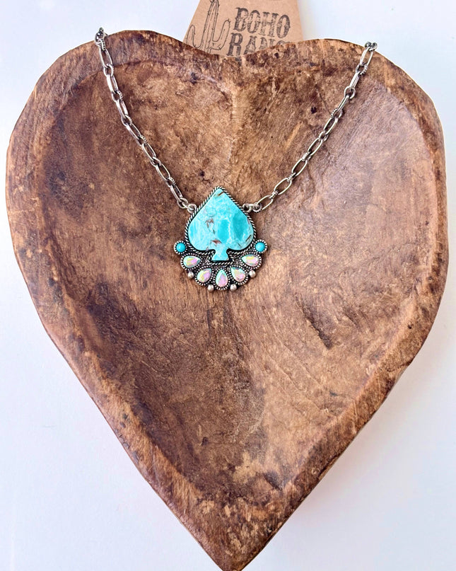 Checker Spade Turquoise Stone Rhinestone Pendant Necklace - Checkered