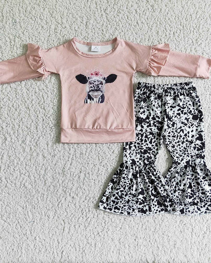 Baby girls fall pink cow bell pants clothes sets