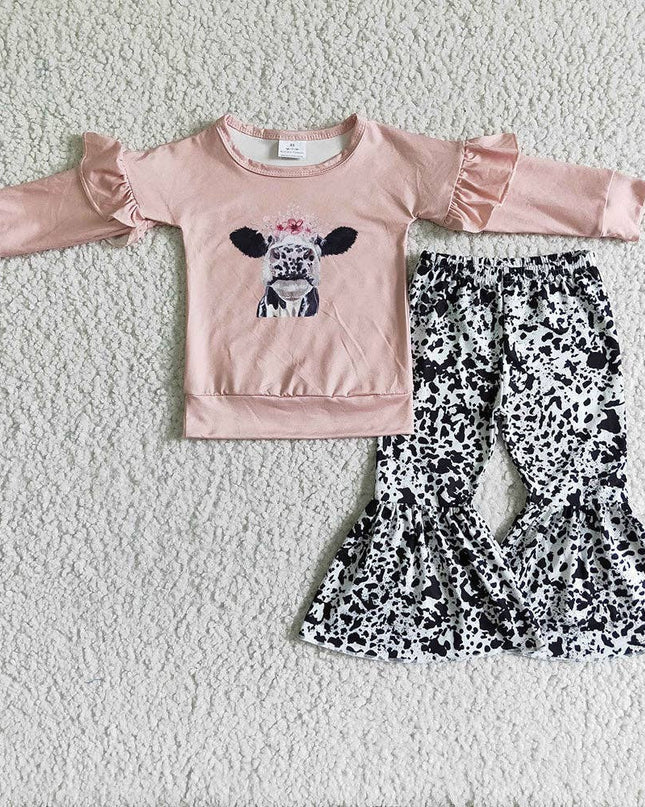 Baby girls fall pink cow bell pants clothes sets