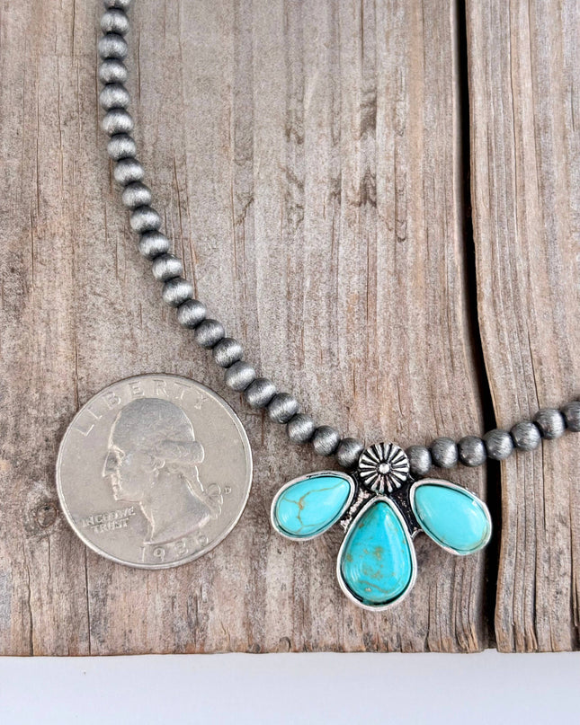 Western Turquoise Stone Pendant Navajo Pearl Choker Necklace