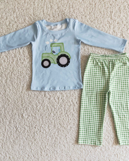 Tractor print shirt plaid pants boy boutique clothing