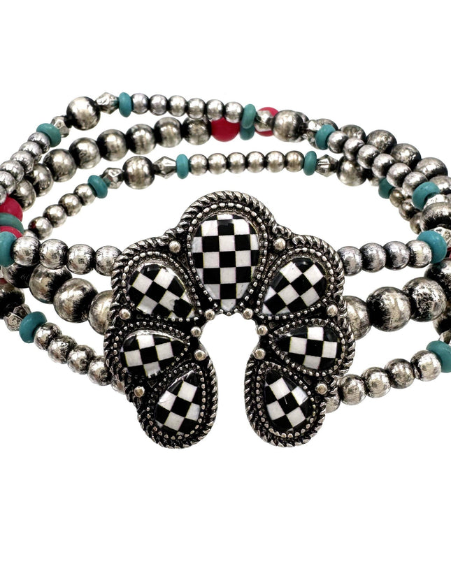 Checkered Print Western Squash Blossom Bead Bracelet