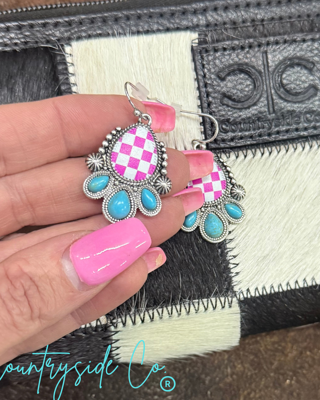 Punchy Western Pink Checkered Dangle Earrings