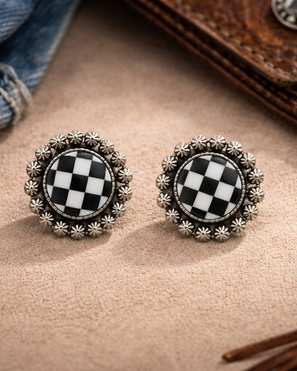 Midnight Checkered Concho Stud Earrings