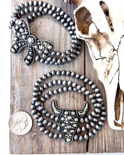 2 Layered Navajo Pearl Western Pendant Stretch Bracelet bow