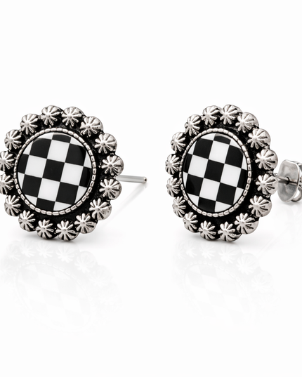 Midnight Checkered Concho Stud Earrings