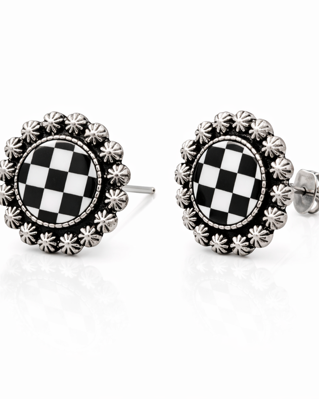 Midnight Checkered Concho Stud Earrings