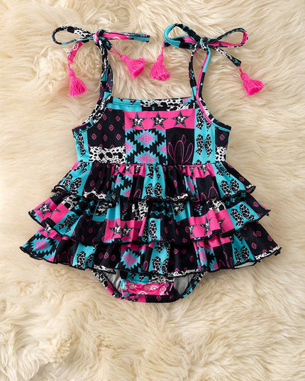 Black, fuchsia & turquoise aztec printed baby bodysuit. RPG60806 JEAN