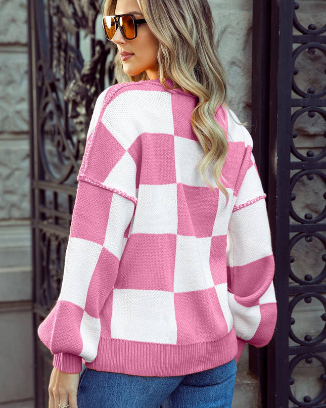 Checkered Oversized Crew Neck Knit Sweater | 10 Colors