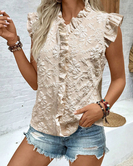 Pullover Ruffle Jacquard Blouse Short Sleeve Top