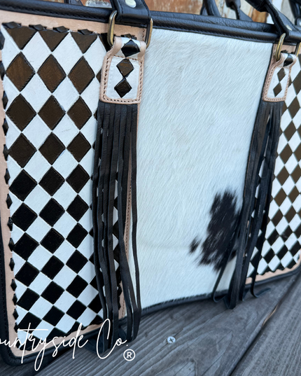 Tinsley Checkered Leather Cowhide Tote, Computer Bag