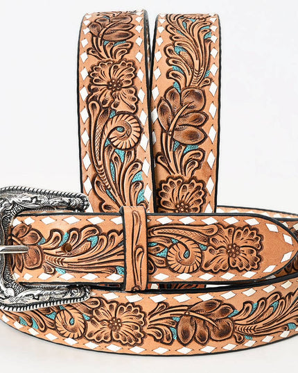 LC-ADBLF258 Tan Floral Tooled Leather Belt with Turquoise Accents and Whipstitch Edge