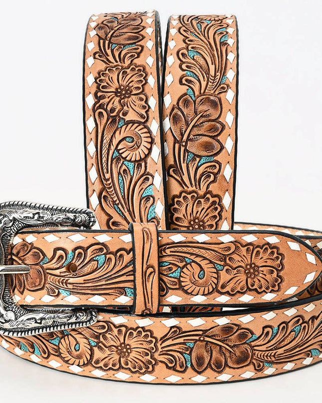 LC-ADBLF258 Tan Floral Tooled Leather Belt with Turquoise Accents and Whipstitch Edge
