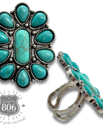 Turquoise color oval flower ring - LC