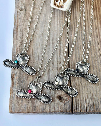 Western Cowboy Hat Stone Pendant Necklace