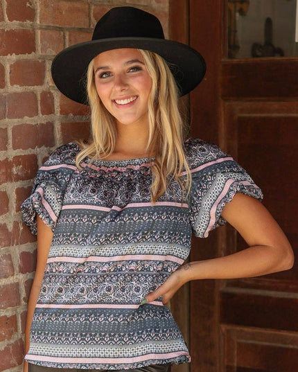 Mixed Print Peasant Blouse