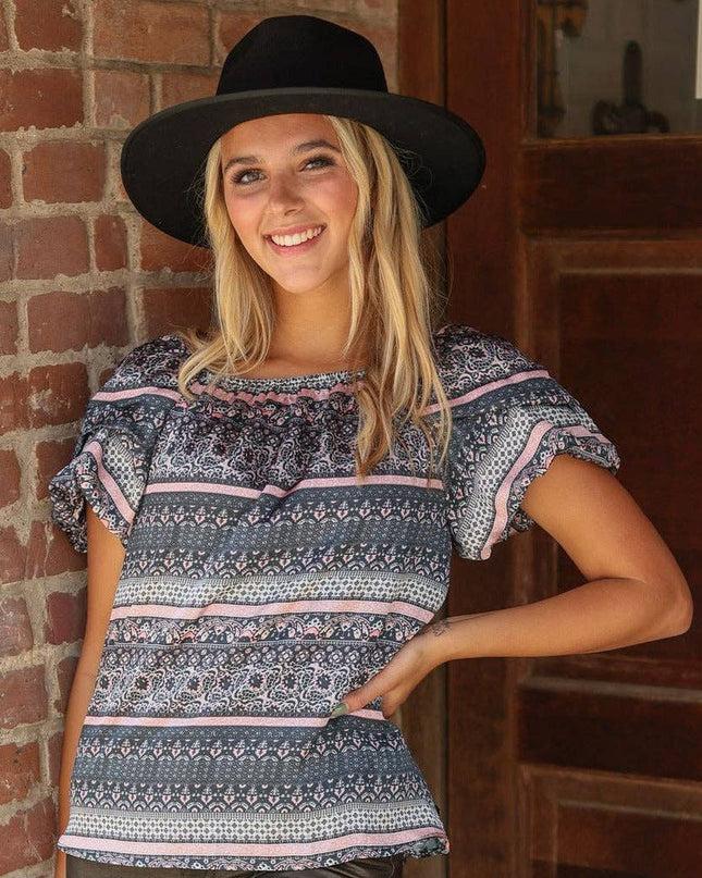Mixed Print Peasant Blouse