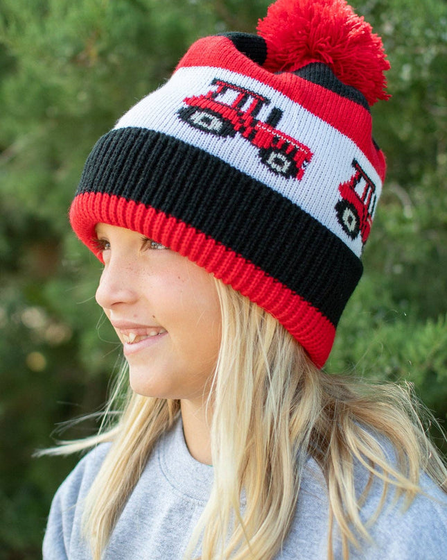 Red Tractor Knit Pom Beanie - Youth