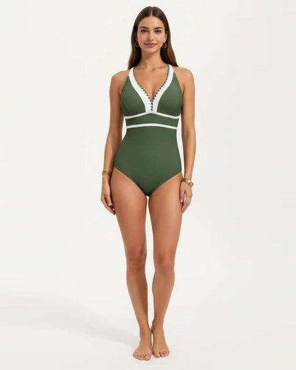 One Piece Swimsuit with Deep V Neck Contrast Trim and Sculpted Waist Design