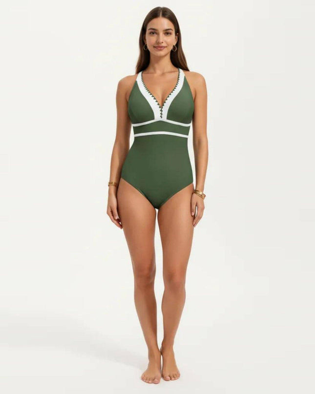 One Piece Swimsuit with Deep V Neck Contrast Trim and Sculpted Waist Design