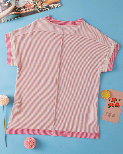 Textured Contrast Trim Round Neck T Shirt