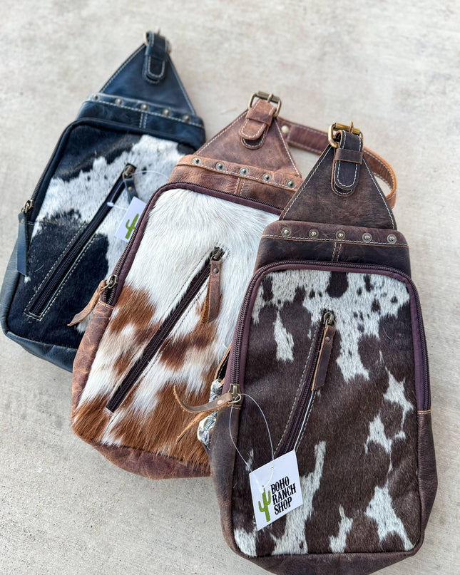 Western Cowhide Leather Sling Bag - travel bag chest bag