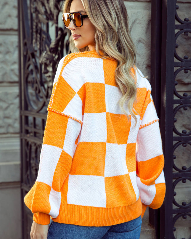 Checkered Oversized Crew Neck Knit Sweater | 10 Colors