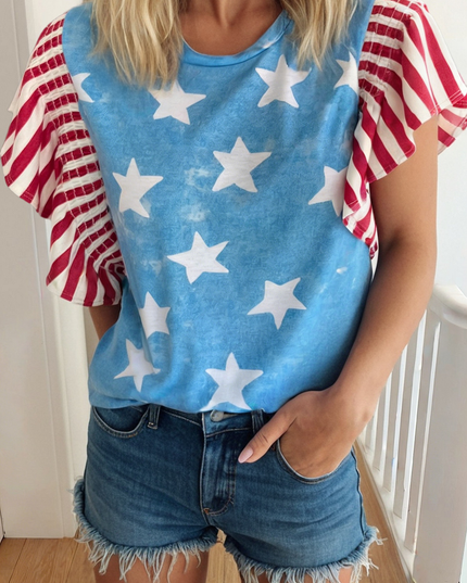 Independence Day Star & Stripe Ruffle Sleeve Top SS26 | S-XL