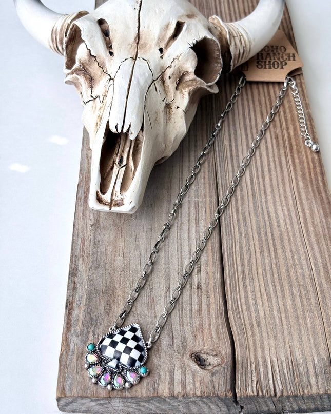 Checker Spade Turquoise Stone Rhinestone Pendant Necklace - Checkered