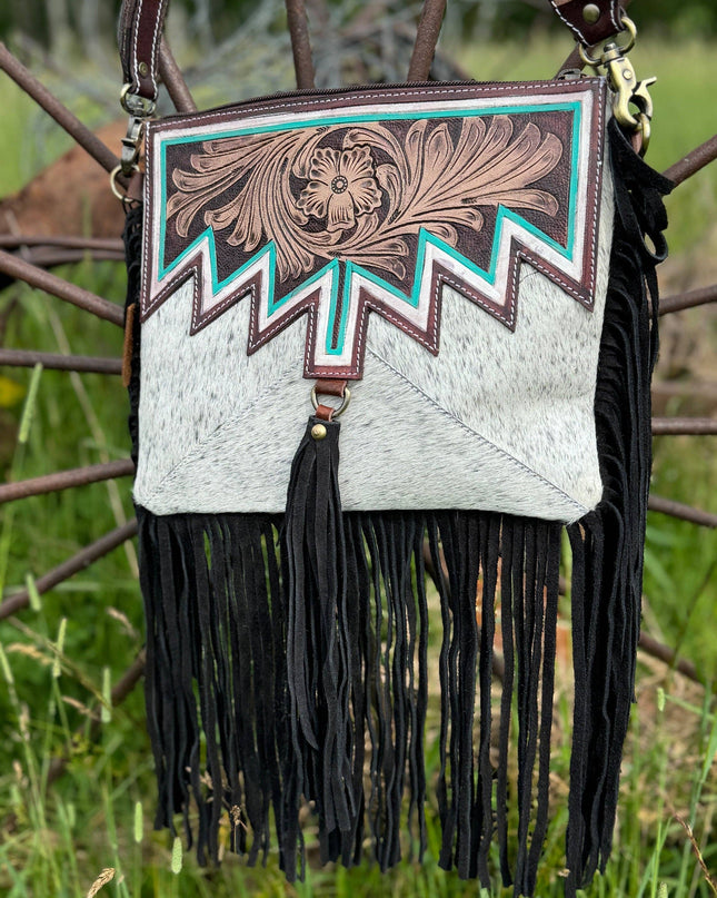 Genuine Western Cowhide Leather Purse and Wallet with jagged painted details and black fringe.