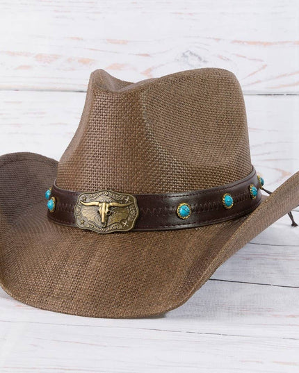 Western Longhorn Strap Turquoise Accent Cowboy Hat