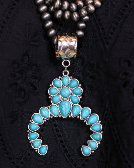 Howdy Partner Turquoise Squash Blossom, Silver