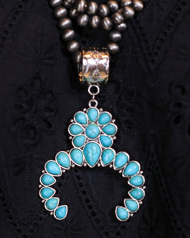 Howdy Partner Turquoise Squash Blossom, Silver